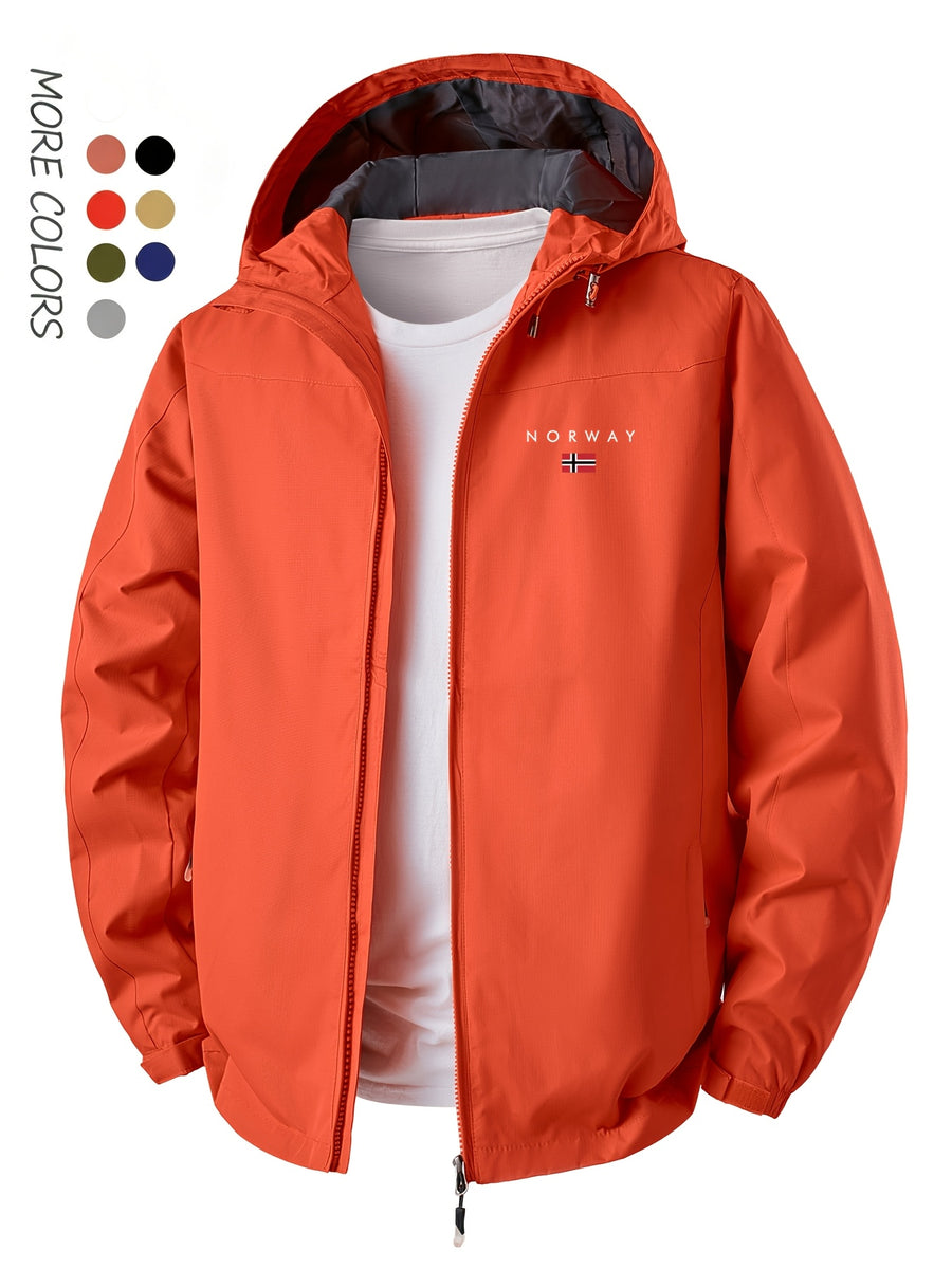 Norway Element Print Jacket Autumn Winter Men'S Outdoor Sports Mountaineering, Hiking Solid Color Jacket Hooded Easy Versatile Youth Fashion Thin Travel Casual Outerwear Men - Orange Red