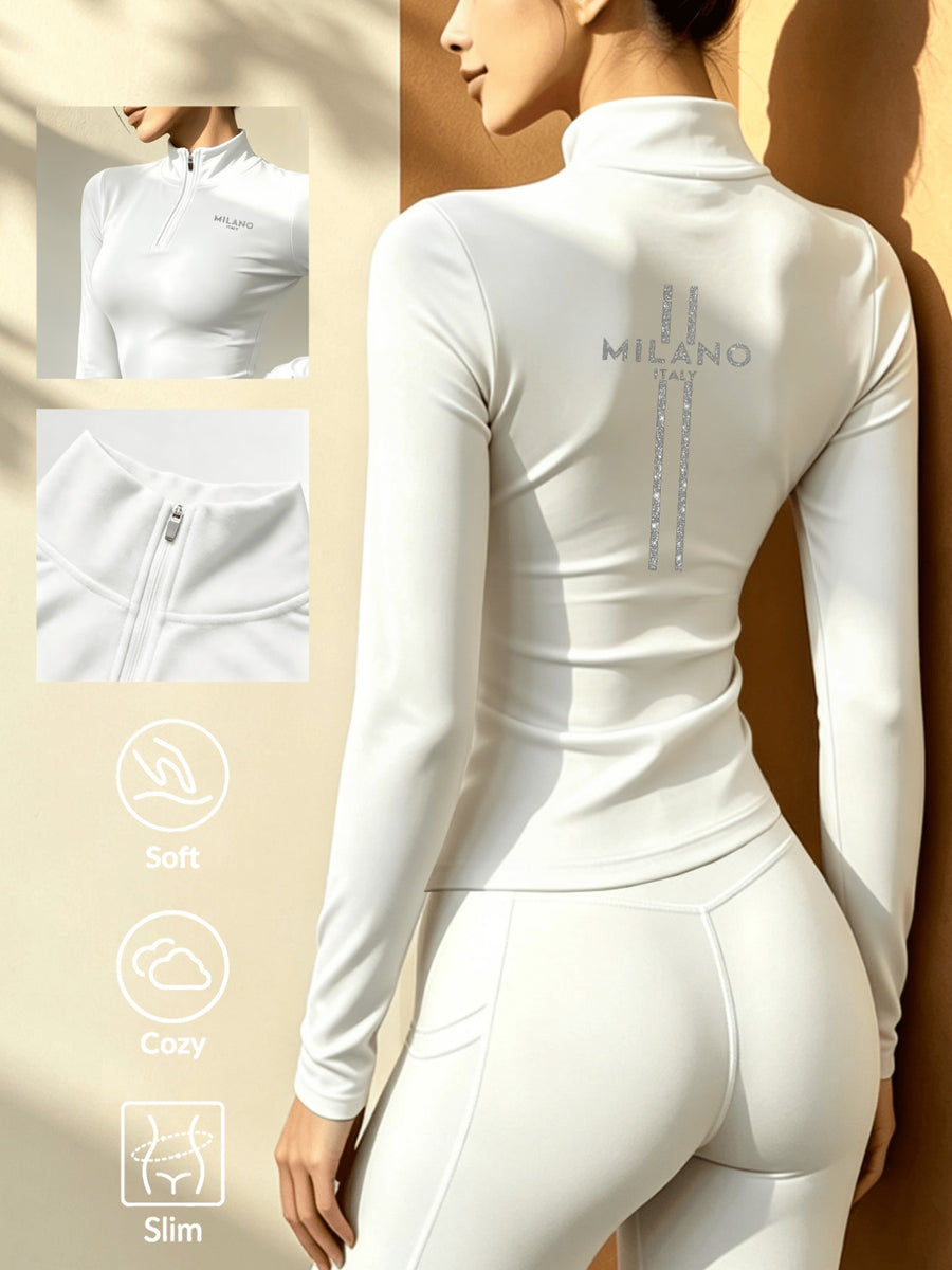 Stand-Collar Half-Zip Long Sleeve T-Shirt, Autumn Winter Warm Semi-High Neck Base Layer Top - White