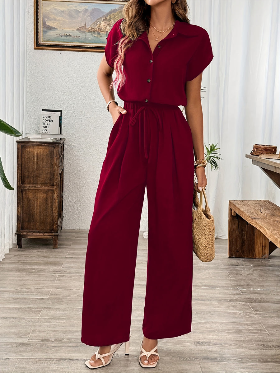 Women'S Spring Summer Fall Solid Basic Wide-Leg Jumpsuit - Burgundy