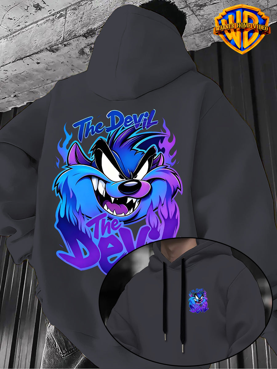 Warner Bros Official 1pc Cyber Purple-Blue Flame Background Grimace The Devil Graffiti Font Casual Hoodie - Men's Fashion Hoodie, Double-Sided Front and Back Print, Adjustable Drawstring Loose and Comfortable Sweatshirt, Suitable for Daily - Dark Gray