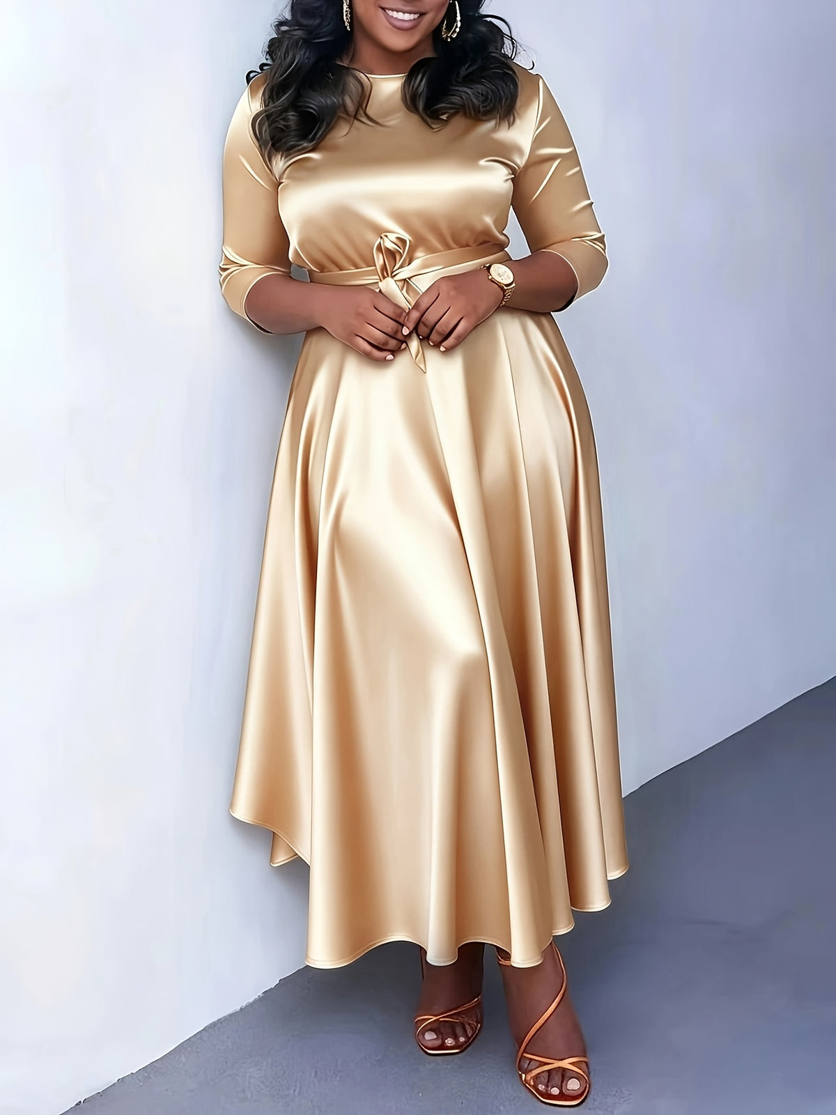 Western Fashion Temperament Solid Round Neck Tie-Up Three-Quarter Sleeve Dress - Apricot