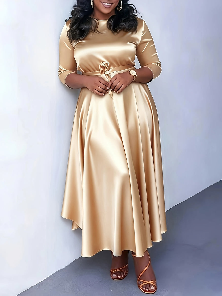 Western Fashion Temperament Solid Round Neck Tie-Up Three-Quarter Sleeve Dress - Apricot