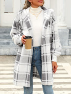 Plaid Faux Hooded Cardigan Jacket - Light Grey