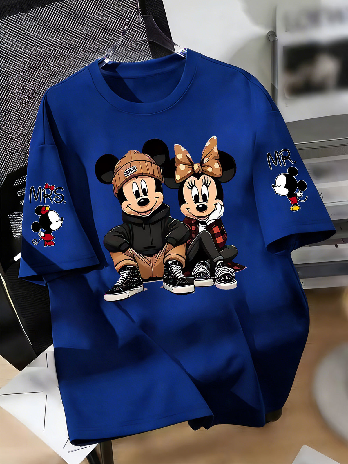 Disney Licensed Women'S Popular Printed Graphic T-Shirt Featuring Mickey And Minnie in a Trendy Street Style. This Short-Sleeve, Round-Neck Tee Has Multiple Prints on The Sleeves - Blue