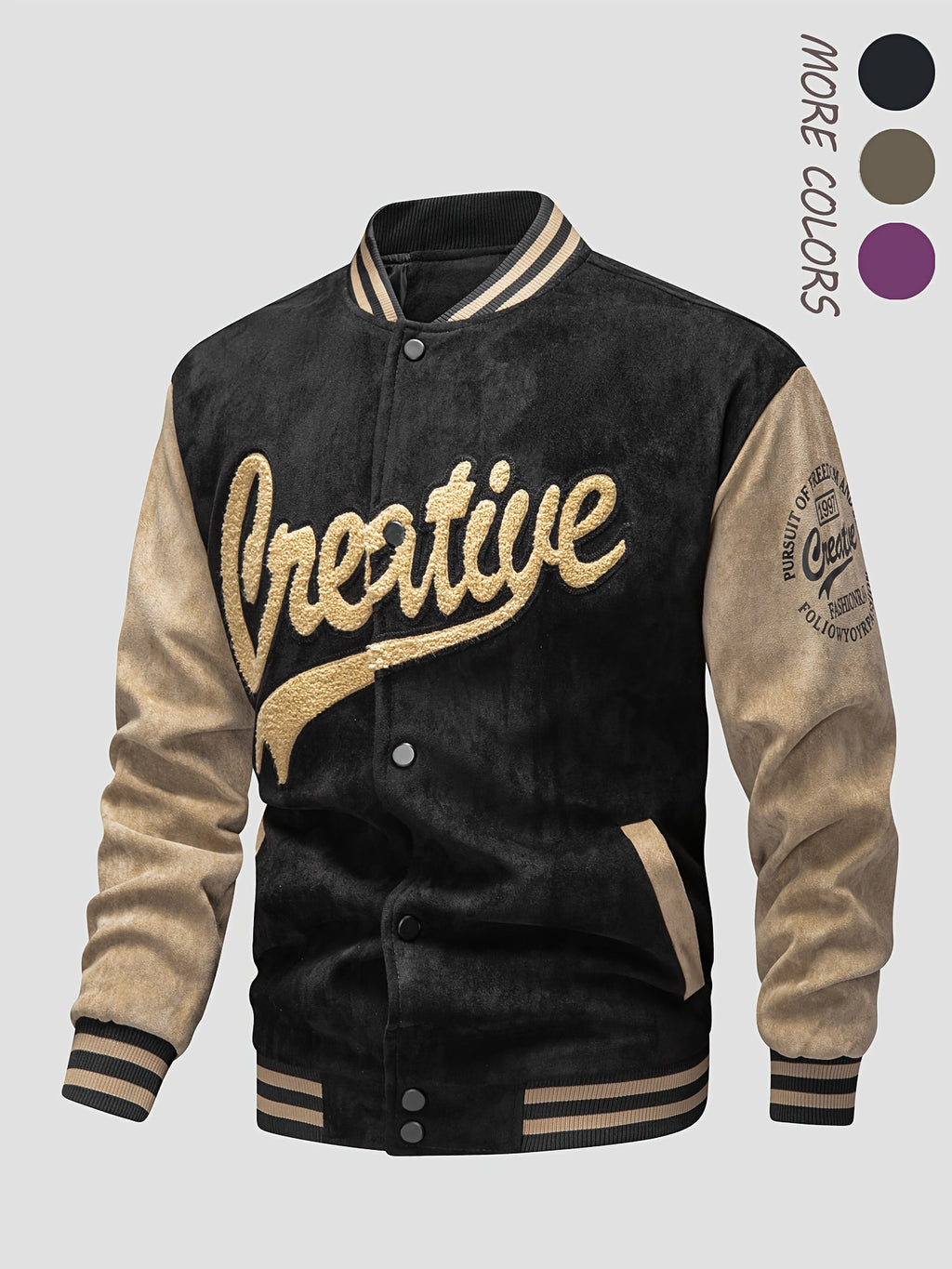 Men'S Casual Fashion Loose Comfortable Breathable Velvet Couple Jacket, All-Match Individual Letter Embroidery Outdoor Sports Baseball Coat, Suitable for Daily Commute Wear, Ideal Gift - Black