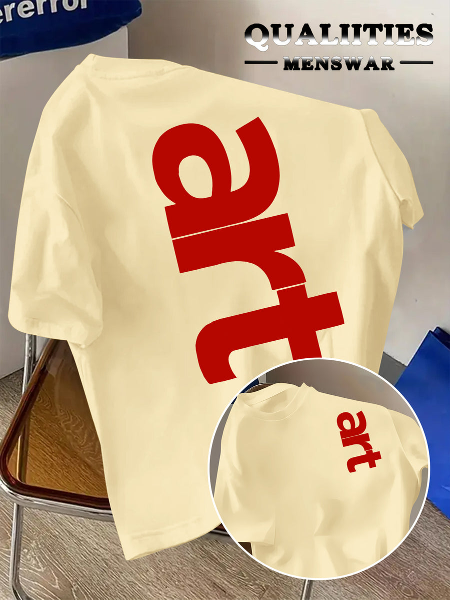 Men'S Fashion Short Sleeve T-Shirt, Minimalist Red Letter Pattern Print, Casual Regular Knit Tee, Suitable for Daily Wear, Couple Style, Unisex, Summer New Arrival, Versatile Style - Khaki