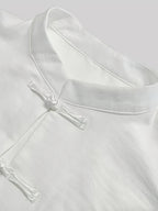 Spring Summer Easy Relaxed New Chinese Style Stand Collar Front Button-Up Long Sleeve Shirt - White
