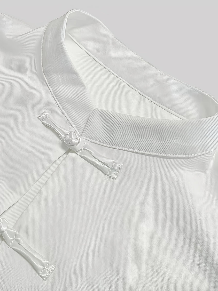 Spring Summer Easy Relaxed New Chinese Style Stand Collar Front Button-Up Long Sleeve Shirt - White