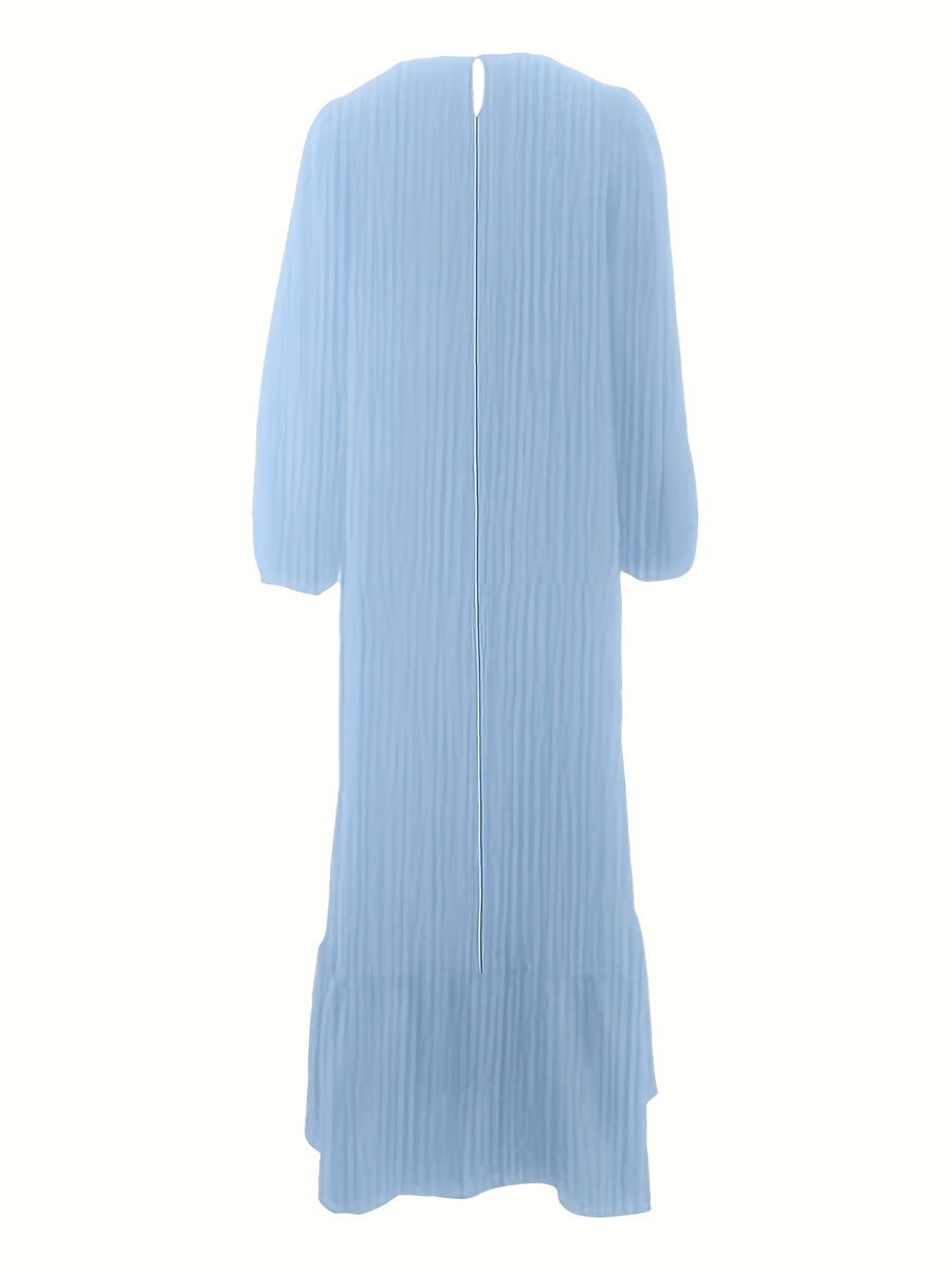 Solid Lantern Sleeve Round Neck Ruffled Hem Loose Robe Long Sleeve Dress - Sky Blue