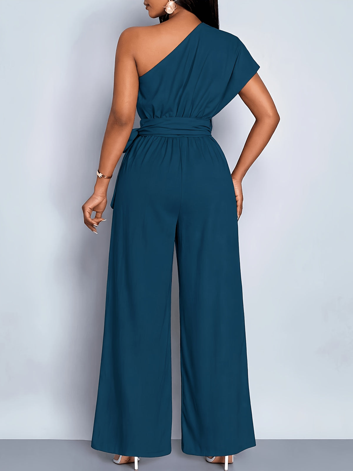 Women'S Summer Commute Fashionable Elegant Daytime Outing Casual Easy Solid Color Asymmetrical One-Shoulder Pleated Wide-Leg Jumpsuit, Suitable for Daily Wear, Dates, Parties, Vacation Outfits, All-Season Clothing, Women'S Office Attire - Malachite Green
