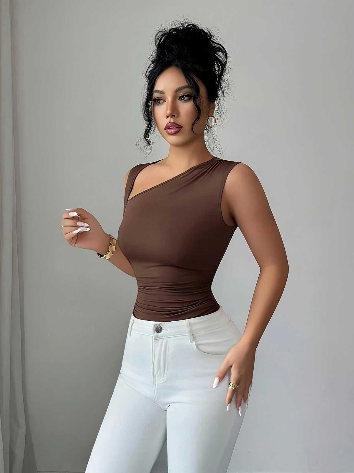 New Women'S Elastic Fabric Off-Shoulder Sleeveless Bodycon Jumpsuit, Suitable for Autumn/Winter Wear, Casual And Elegant with Diverse Styles [Niannian] - Coffee Color