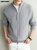 Men's Heavyweight Thick Zip Neck Stand Collar Knit Cardigan, Warm Casual Layering Top for Fall and Winter - Light Grey