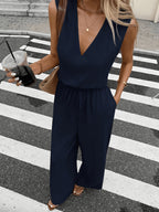 Women'S Solid Color Backless Tie-String Loose Wide-Leg Sleeveless Jumpsuit, Black, Summer Casual Black - Navy Color