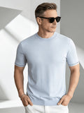 Business-casual Men's Crew Neck Short-sleeve Knit T-shirt, Slim-fit Lightweight and Breathable Knit Top, with Contrast-color Stitching and Letter Embroidery on the Cuffs, Suitable for Daily Wear, Office, and Weekend Outings in Summer - Sky Blue
