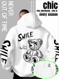 Men'S Casual Sports Hoodie - Street Y2K Style Men'S Hooded Sweatshirt with Pockets, Double Sleeve SMILE Letter Graffiti And X-Eye Bear Special Print, Loose Wrinkle-Resistant Slight Stretch Design for Athletic Comfort - White