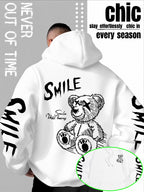 Men'S Casual Sports Hoodie - Street Y2K Style Men'S Hooded Sweatshirt with Pockets, Double Sleeve SMILE Letter Graffiti And X-Eye Bear Special Print, Loose Wrinkle-Resistant Slight Stretch Design for Athletic Comfort - White