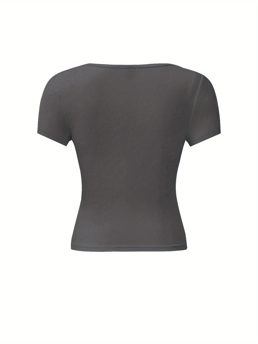 4pcs Set U-Neck Short-Sleeved T-Shirt Women'S Summer New Solid Color Slim Short All-Match Top - Dark gray+black+brown+white