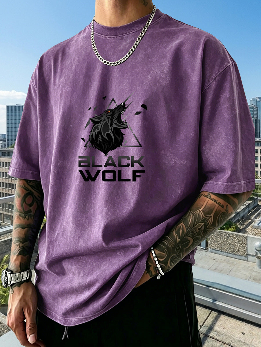 Men's Heavyweight Short-Sleeve Washed Distressed Fashion Print Vintage-Washed Worn Design Streetwear Trendy Distressed Design European and American High Street Style Summer Simple Versatile Gym Workout Sports Top Cotton Breathable - Purple