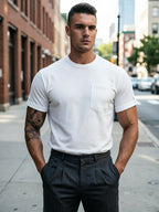 [Josh Mei OBM] Men'S Round Neck Pocket Ruffled Short Sleeve T-Shirt, Summer Slim Fit Solid Basic Top, Casual Urban Commuter Men'S Wear - White