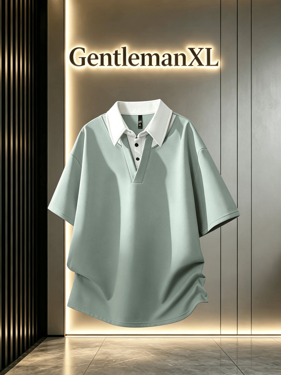 Men's Summer Lapel Collar Built-in 2-in-1 Look V-Polo, Unisex Drop Shoulder Loose Fit Curved Hem Draped Short Sleeve T-Shirt - Light Green