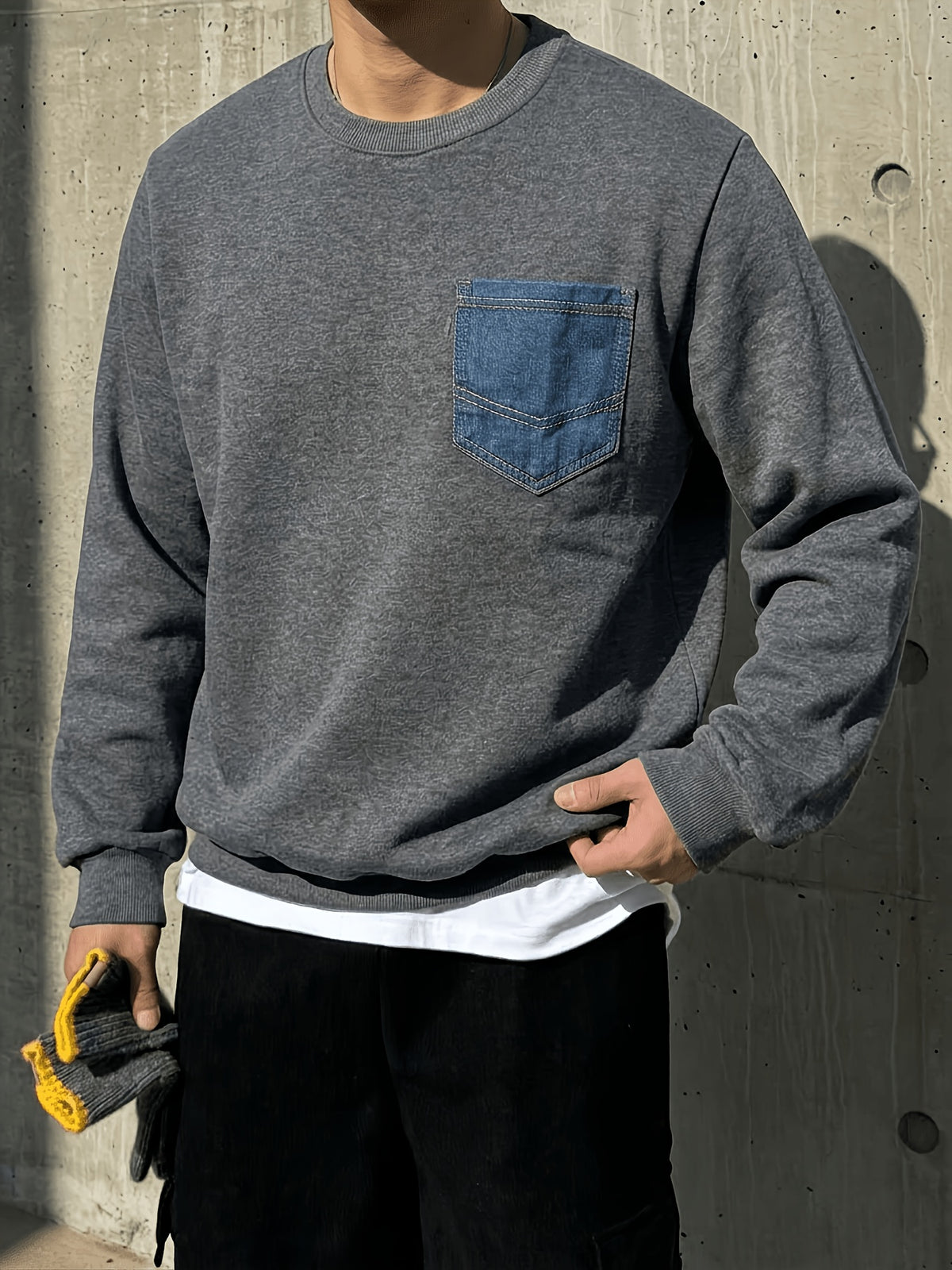 Black Crew Neck Sweatshirt with Faux Denim Patch Pockets, Perfect for Casual Everyday Wear - Dark Gray