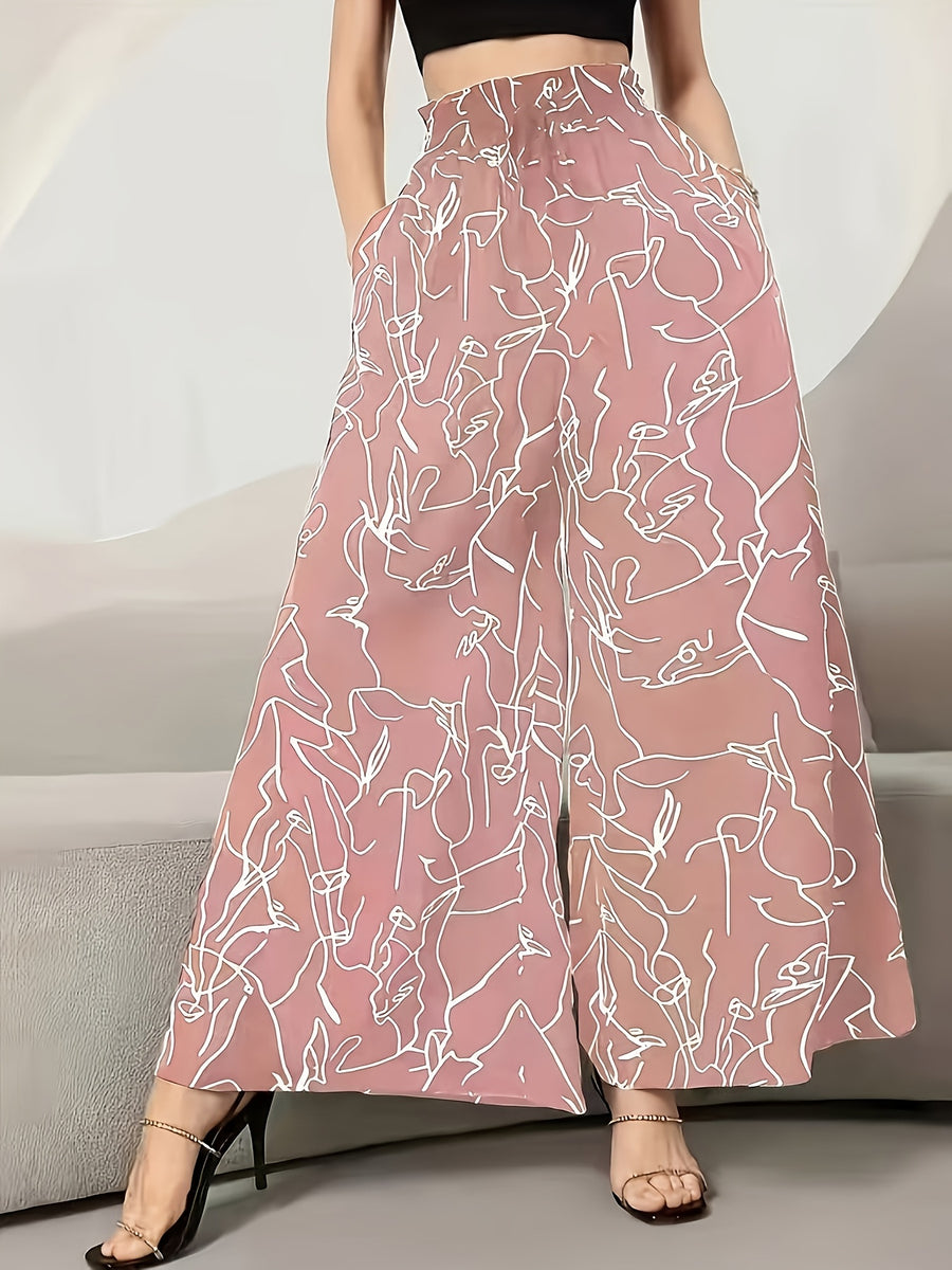 Women's Elegant Wide-Leg Pants - High Waist, Abstract Print, Machine Washable - Suitable for Spring/Summer Fashion, Casual Elegance | Wide-Leg Pants | Elastic Waistband - Pale Pinkish Gray