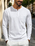 Men's Henley Long Sleeve T Shirts, Solid Color Crew Neck Pullover Tops with Chest Pocket, Breathable Soft Casual Loose Fit Long Sleeve Shirts, All Seasons Basic Undershirt for Daily Commute Outdoor, Versatile Minimalist Men Clothing Multiple Sizes& - White
