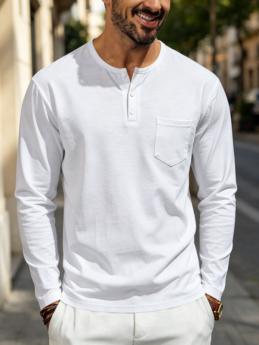 Men's Henley Long Sleeve T Shirts, Solid Color Crew Neck Pullover Tops with Chest Pocket, Breathable Soft Casual Loose Fit Long Sleeve Shirts, All Seasons Basic Undershirt for Daily Commute Outdoor, Versatile Minimalist Men Clothing Multiple Sizes& - White