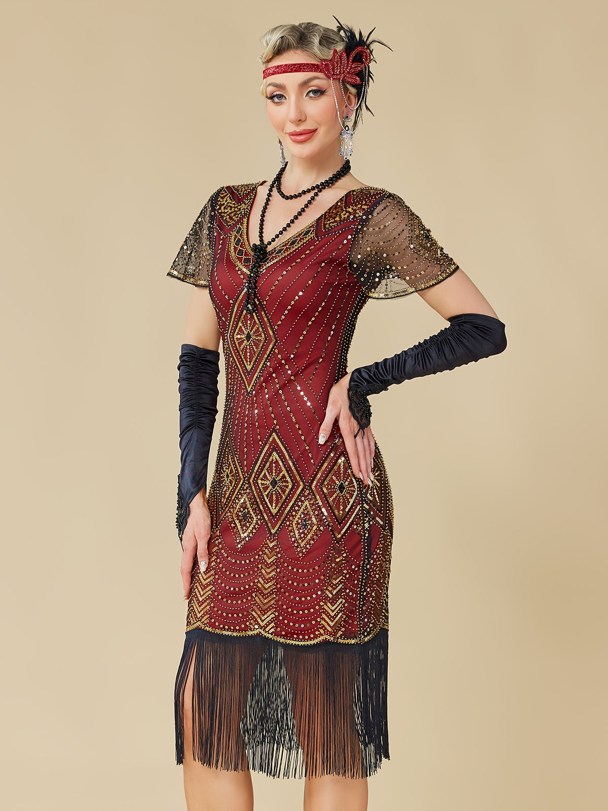 1920S Vintage Sequin Skirt Gatsby Ball Fringe Dress Party Evening Dance Dress Sequined Gown (Dress Solely, No Gloves) - Golden Red