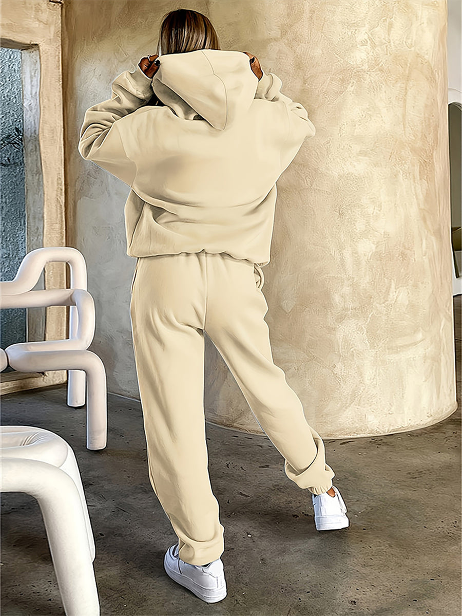 Autumn/Winter Trendy Fashion Women's Hooded Drawstring Sweatshirt and Sweatpants Set. Features a Hooded Drawstring Design and a Front Kangaroo Pocket on the Sweatshirt for Comfortable Cold-weather Wear. Classic Silhouette with a Comfortable Fit. - Apricot