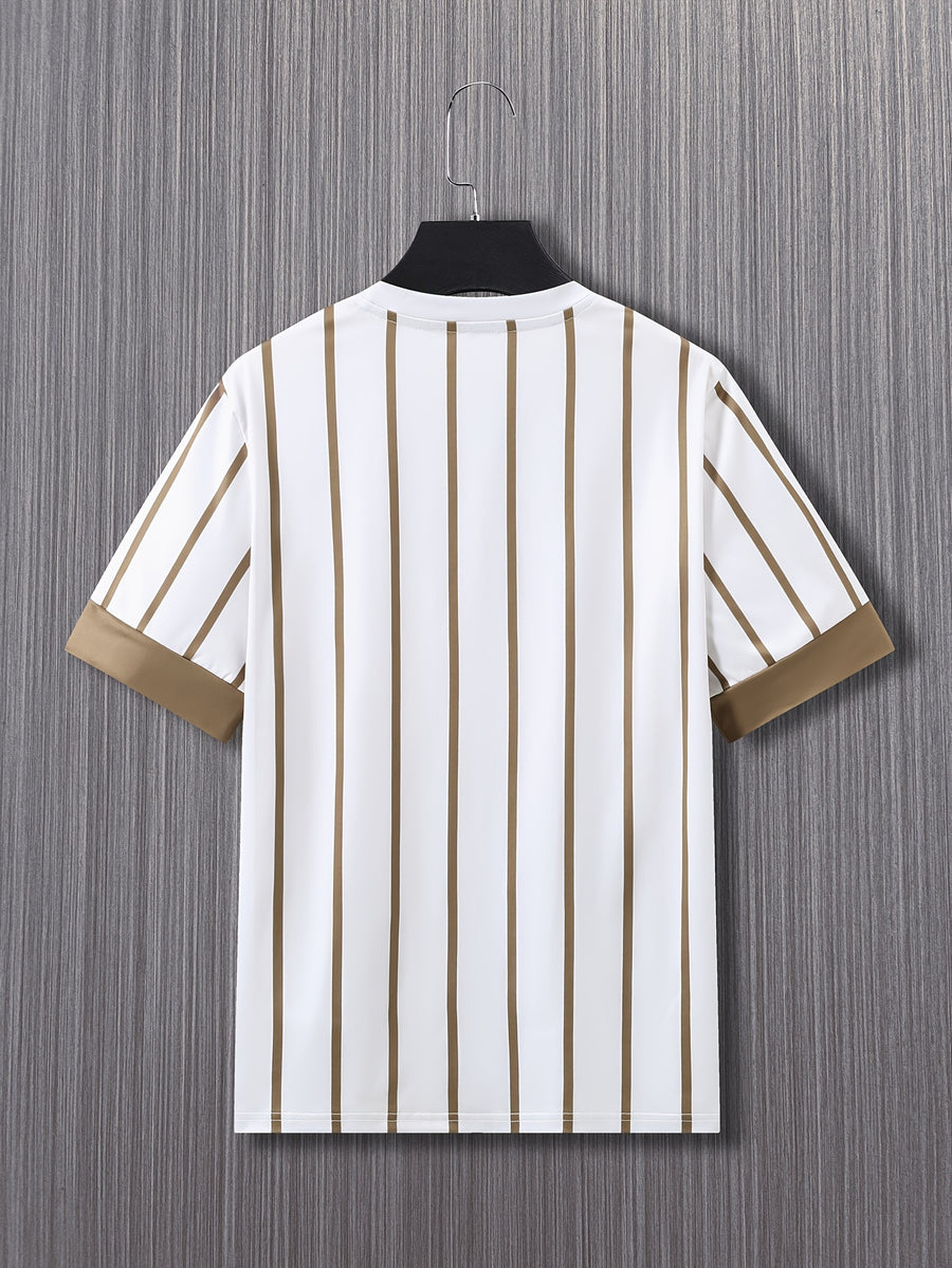 Printed Design – Not Textured: Men's Casual T-Shirt, Fashionable Streetwear Style, Gym/Club Style, Solid White with Light Brown Vertical Stripes, Contrast Cuffs, Crew Neck, Slight Stretch, Suitable for All Seasons, Versatile Top for Outdoor Wear - Mixed colors