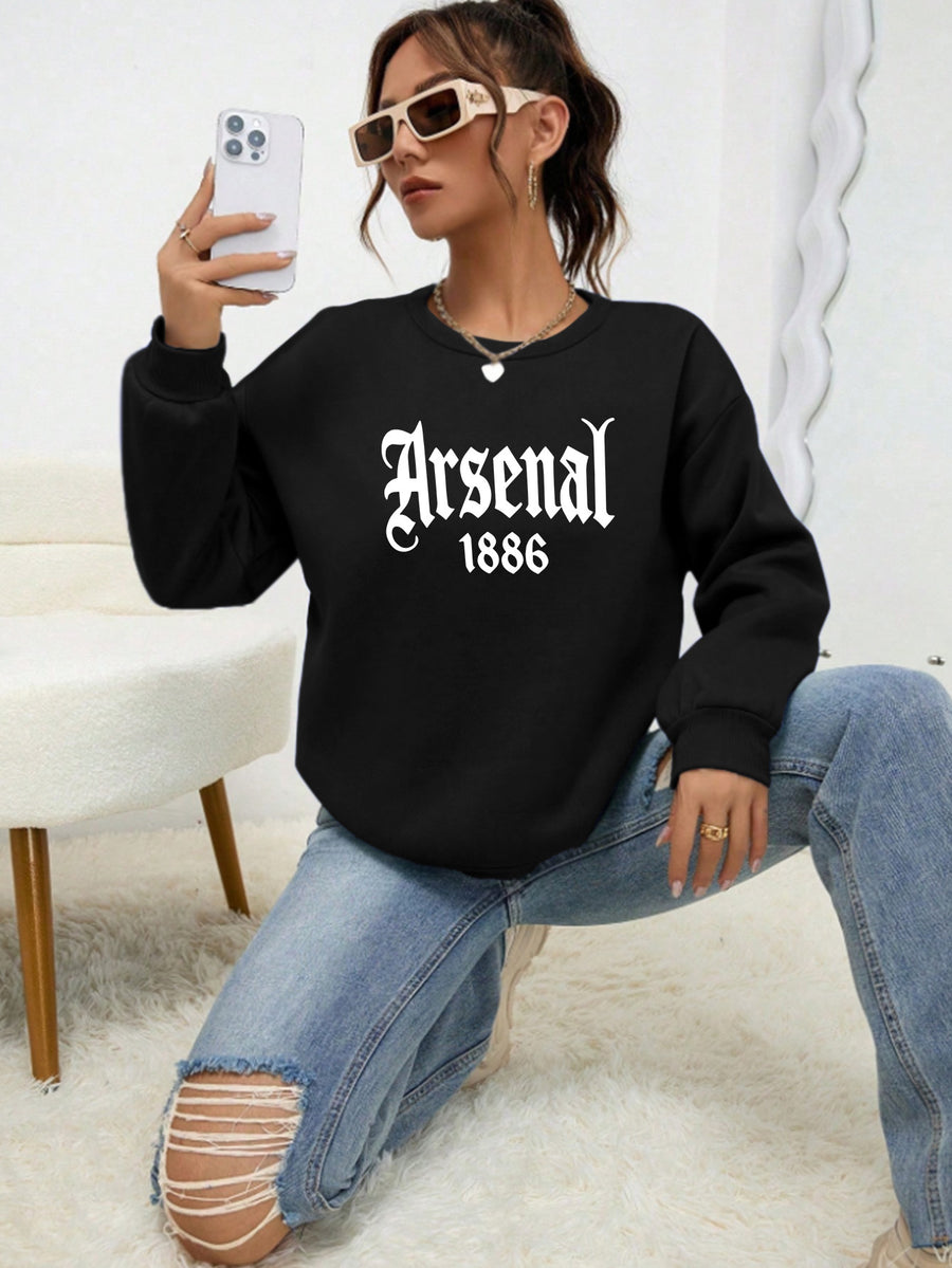 2025 Autumn And Winter Women'S Fashionable Casual Loose Round-Neck Printed Sweatshirt, Featuring a Design with The Arsenal 1886 Letter Pattern, Easy And Versatile Style, Made of 100% Fabric, Machine Washable - Black
