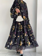 Women'S Middle Eastern Muslim Chiffon Printed Long Dress - Black