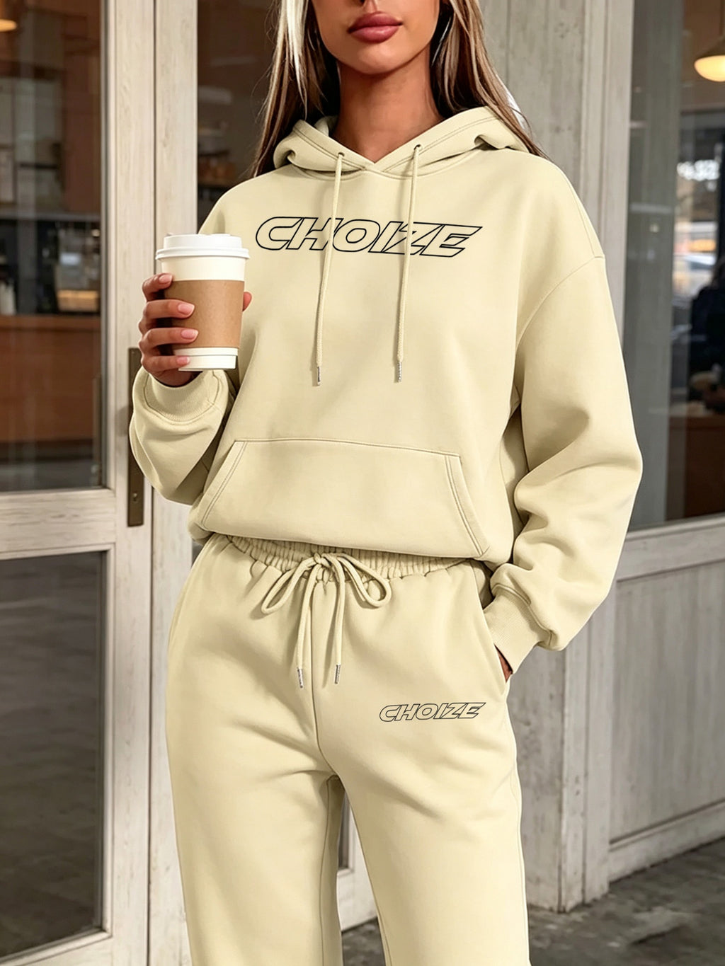 Winter Hooded Sweatshirt 2pcs Set Glitch_Style_Girl_Outline - Apricot