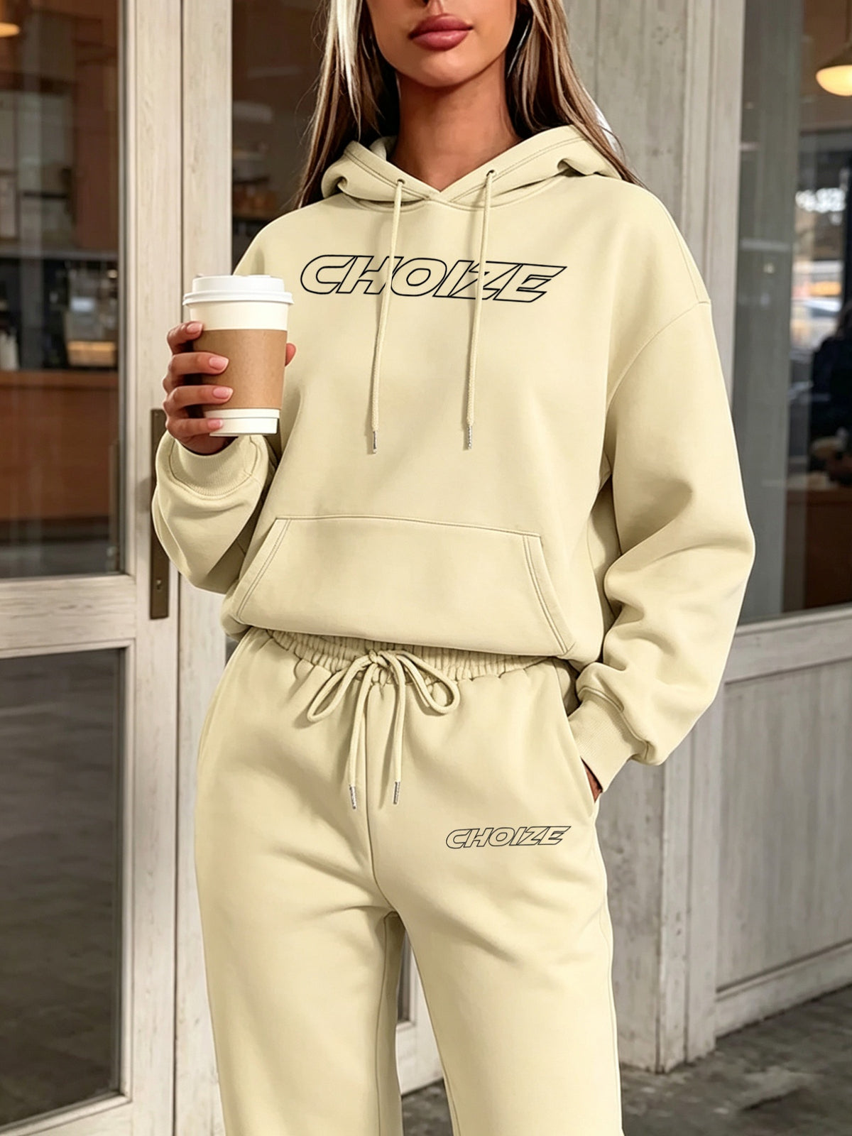 Winter Hooded Sweatshirt 2pcs Set Glitch_Style_Girl_Outline - Apricot