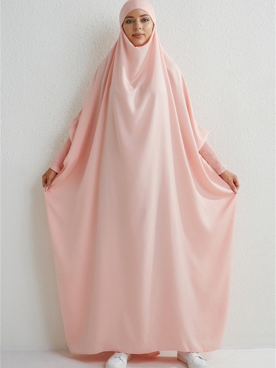 Islamic Attire for Women Featuring a Hooded Jilbab with Smocking Sleeves, Designed for Prayer, Suitable for Modesty in Dubai And Saudi Arabia, Available in Black - Pink