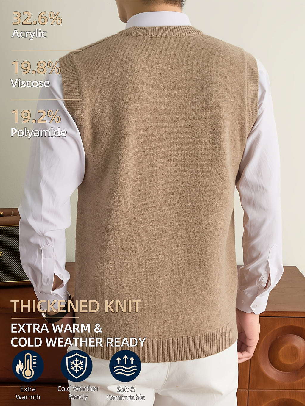 Men's Autumn & Winter Knitted Sweater Vest, Classic V-Neck with Raised Herringbone Texture, Thick & Warm, Timeless Refined Style for Work, Casual Wear, Outdoor Activities & Camping, Ideal Gift for Dad or Husband - Camel
