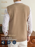 Men's Autumn & Winter Knitted Sweater Vest, Classic V-Neck with Raised Herringbone Texture, Thick & Warm, Timeless Refined Style for Work, Casual Wear, Outdoor Activities & Camping, Ideal Gift for Dad or Husband - Camel