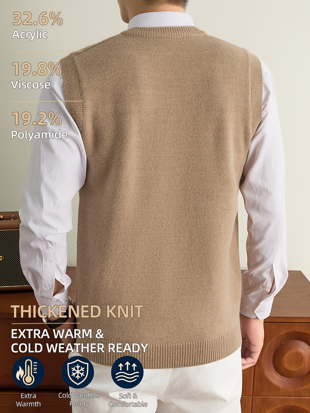 Men's Autumn & Winter Knitted Sweater Vest, Classic V-Neck with Raised Herringbone Texture, Thick & Warm, Timeless Refined Style for Work, Casual Wear, Outdoor Activities & Camping, Ideal Gift for Dad or Husband - Camel