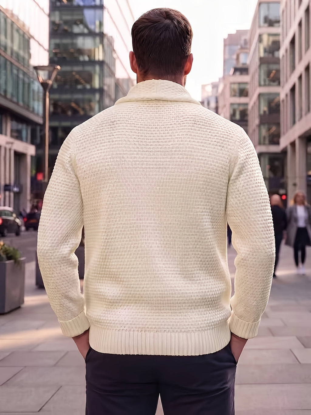 Men'S Casual Athletic Sweater, Knit Pullover, Men'S Open-Front Cardigan Jacket, Lapel Design, with Retro Gentleman Vibe, Comfortable Fit, Button-Front Closure, Suitable for Light Mature Commute, Street Casual, Light Business Styles - Milky