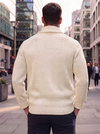 Men'S Casual Athletic Sweater, Knit Pullover, Men'S Open-Front Cardigan Jacket, Lapel Design, with Retro Gentleman Vibe, Comfortable Fit, Button-Front Closure, Suitable for Light Mature Commute, Street Casual, Light Business Styles - Milky