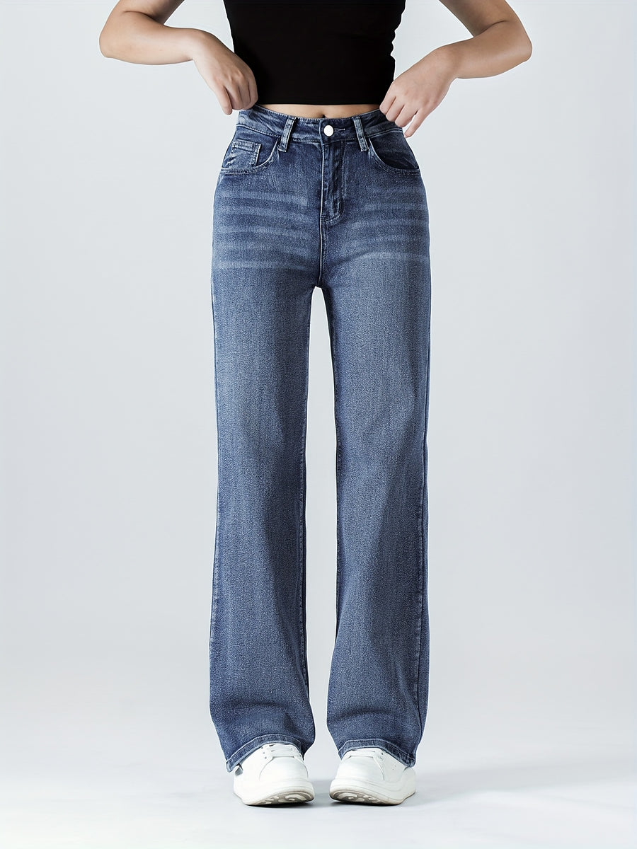 Women's Stretch Pants - Washed Blue Straight-Leg Full-Length Jeans with Built-In Zipper Closure | All-Season Slim-Fit Trousers Suitable for Work, Travel & Weekend Parties | Elegant Special Line (Casual & Professional Wear) - Medium Blue