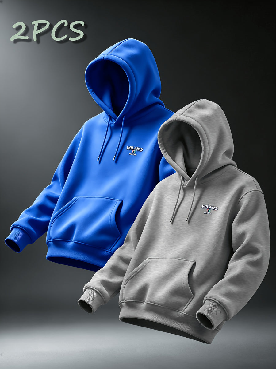 [Villa Le Water OBM] 2pcs Set MILANO Print Hooded Sweatshirt Men'S Loose Casual All-Match Pullover Long-Sleeve Hoodie - Royal Blue+Light Grey