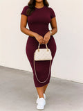 Women'S Solid Color Simple Daily Short Sleeve Dress | Crew Neck, Bodycon Fit, Suitable for Fall/Winter - Deep Red