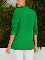 Women's Spring/Autumn Shawl Collar Suit Jacket, Open Front Buttonless Casual Blazer, Neck-Hanging Suit with Lining, Three-Quarter Floral Print Sleeves, Faux Pockets with Flap Design, Soft, Comfortable, and Slightly Stretchy Fabric, Perfect for Daily - Green