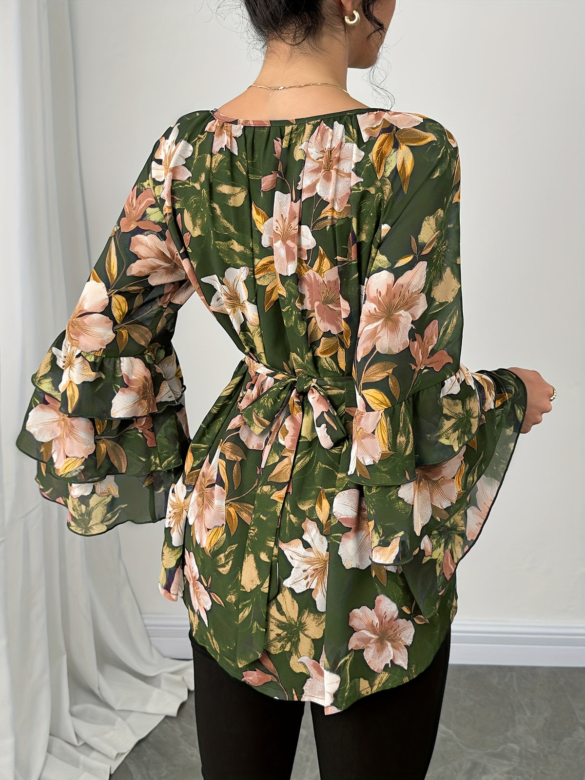 Women'S Summer Elegant Top, Chiffon Floral Print Layered Ruffle Sleeve, Waist Tie Festival Outfit, Holiday Vacation Wear Shirt - Green