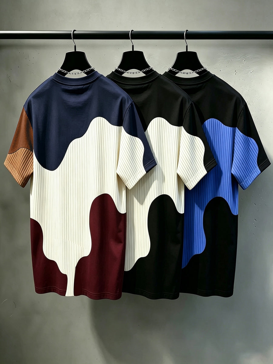 3pcs Set - Men'S Casual Round Neck T-Shirts, Geometric Pattern Patchwork Striped Design, Drapey Fashion Top, All-Season Wear, Regular Fit for Casual And Formal Outfits - Round Neck Casual Top, Comfortable Wear, Gift for Teens And Adults - Mixed colors