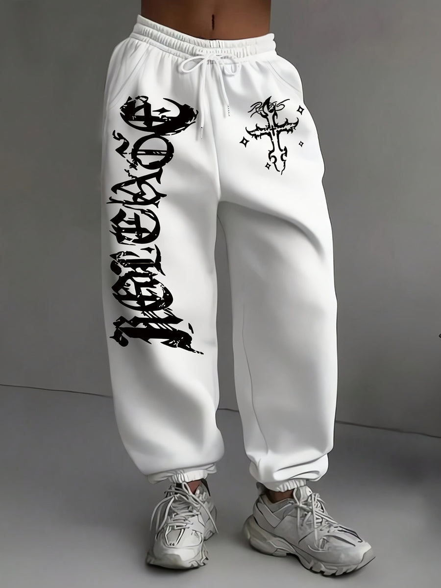 Graphic Print Regular Sweatpants, Autumn/Winter, Women's Clothing - White
