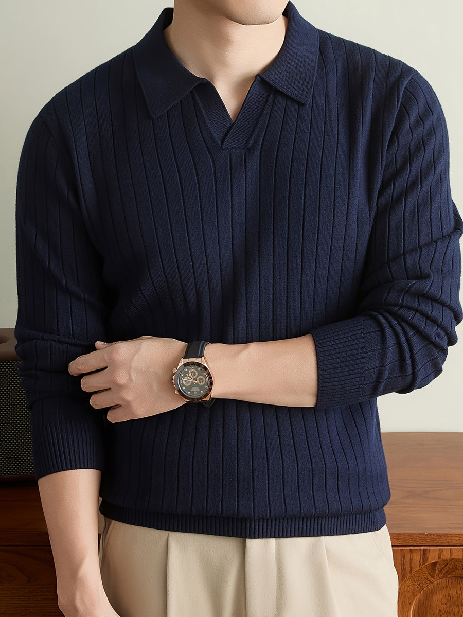 Autumn Winter Men'S Sweater, Lapel Men'S Long Sleeve Sweater, Casual Solid Color Pinstripe Seagull Collar Knit Warm Pullover POLO Shirt, Daily Commute Outdoor Holiday Wear POLO Shirt Sweater - Navy Color