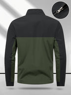 Men's Color-Block Spliced Stand-Collar Jacket, Spring/Autumn Outdoor Windproof Top, Trendy Casual Sporty Versatile Printed Jacket - Olive Green
